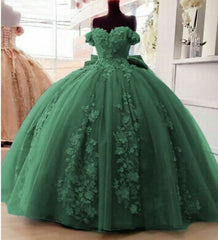 Prom Dress Off The Shoulder, Off Shoulder Ball Gown Quinceanera Dresses 3D Floral Applique Sweet 16 Gowns