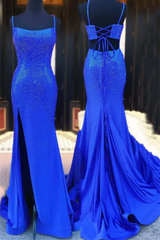 Formal Dresses Websites, Beaded Mermaid Royal Blue Slit Long Prom Dress