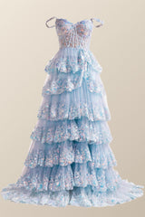 Flowy Prom Dress, Off the Shoulder Light Blue Sequin Ruffles Long Formal Dress
