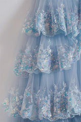 Elegant Dress For Women, Off the Shoulder Light Blue Sequin Ruffles Long Formal Dress