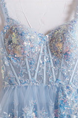 Dream Dress, Off the Shoulder Light Blue Sequin Ruffles Long Formal Dress