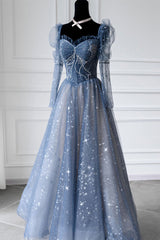 Prom Dresses 2031 Red, Blue Sparkly Tulle Prom Dress with Long Sleeves, New Style Long Dress with Beading