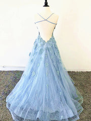 Prom Dress Simple, Blue Backless Lace Prom Dresses, Open Back Blue Lace Formal Evening Graduation Dresses