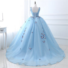 Party Dresses 2027, Blue Butterfly Flowers Lace Up Ball Gowns Long Prom Dresses