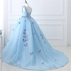 Party Dress Quick, Blue Butterfly Flowers Lace Up Ball Gowns Long Prom Dresses