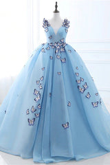 Party Dress 2029, Blue Butterfly Flowers Lace Up Ball Gowns Long Prom Dresses