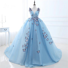 Party Dress And Gown, Blue Butterfly Flowers Lace Up Ball Gowns Long Prom Dresses