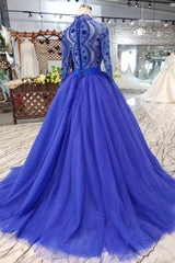 Party Dress Style Shop, Blue Long Sleeves V Neck Tulle Prom Dresses with Beading