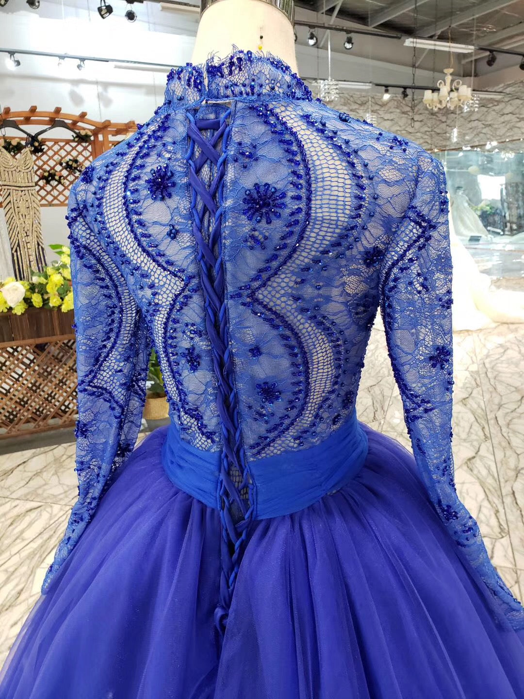 Party Dress In Store, Blue Long Sleeves V Neck Tulle Prom Dresses with Beading