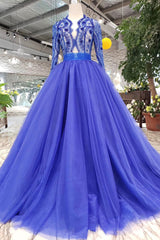Party Dress Fancy, Blue Long Sleeves V Neck Tulle Prom Dresses with Beading