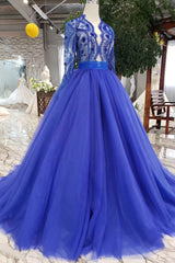 Party Dress On Line, Blue Long Sleeves V Neck Tulle Prom Dresses with Beading
