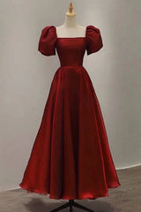 Summer Dress, Burgundy A Line Long Prom Dress with Short Sleeves, New Party Gown