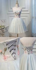 Prom Dresses 2033 Fashion Outfit, Short Grey Homecoming Prom Dresses With Flower Lace Up Mini Fancy Homecoming Dresses, C0102