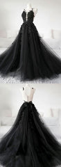 Prom Dresse 2033, Chic Pretty Black Tulle Applique Long Prom Dress, Black Evening Dress, C0730