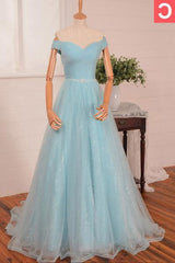 Prom Shoes, 2024 Blue Floor-Length/Long A-Line/Princess Off-the-Shoulder Beading Tulle Prom Dresses