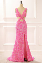 Prom Dress Long Blue, Hot Pink Mermaid Sparkly Prom Dress with Slit