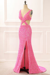 Prom Dresses Blue Long, Hot Pink Mermaid Sparkly Prom Dress with Slit