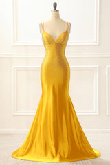 Bridesmaid Dresses Idea, Yellow Satin Mermaid Glitter Prom Dress with Beading