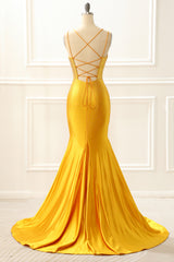 Bridesmaids Dress Ideas, Yellow Satin Mermaid Glitter Prom Dress with Beading
