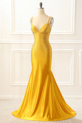 Bridesmaid Dress Styles, Yellow Satin Mermaid Glitter Prom Dress with Beading