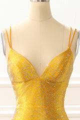 Bridesmaids Dress Long, Yellow Satin Mermaid Glitter Prom Dress with Beading