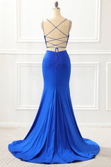Bridesmaid Dresses 2032, Mermaid Royal Blue Satin Glitter Prom Dress with Beading