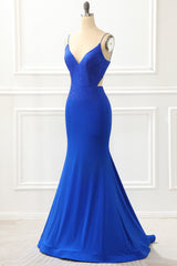 Bridesmaid Dress Shops, Mermaid Royal Blue Satin Glitter Prom Dress with Beading