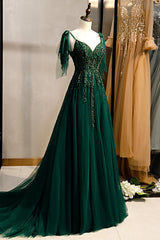 Prom Dress Colorful, A-Line Spaghetti Straps Dark Green Prom Dress with Beading