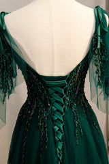 Prom Dress 2021, A-Line Spaghetti Straps Dark Green Prom Dress with Beading