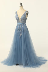 Wedding, Blue Tulle Prom Dress with Appliques