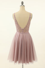 Modest Dress, Blush Tulle & Sequins Cute Homecoming Dress