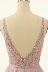 Prom Dress Pink, Blush Tulle & Sequins Cute Homecoming Dress