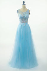 Formal Dresses Websites, Blue Beading Tulle Prom Dress