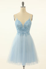 Formal Attire, Blue A-line Cute Homecoming Dress with Appliques