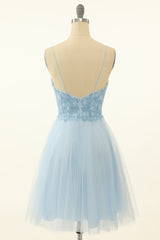 Party Dress Code Man, Blue A-line Cute Homecoming Dress with Appliques