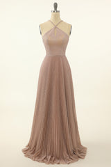 Formal Dress Store, Blush Halter Sparkly Prom Dress with Ruffles