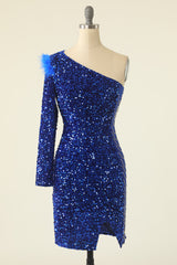 Homecoming Dresses Unique, Royal Blue One Shoulder Sequined Cocktail Dress With Feathers
