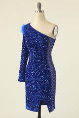 Homecoming Dress Websites, Royal Blue One Shoulder Sequined Cocktail Dress With Feathers