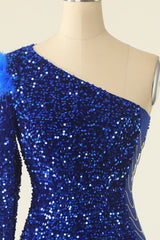 Homecoming Dresses Websites, Royal Blue One Shoulder Sequined Cocktail Dress With Feathers