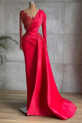 Bridesmaid Dresses Trends, Gorgeous Red Long Sleeve Mermaid Evening Dress Lace Appliques Prom Gown Ruffles