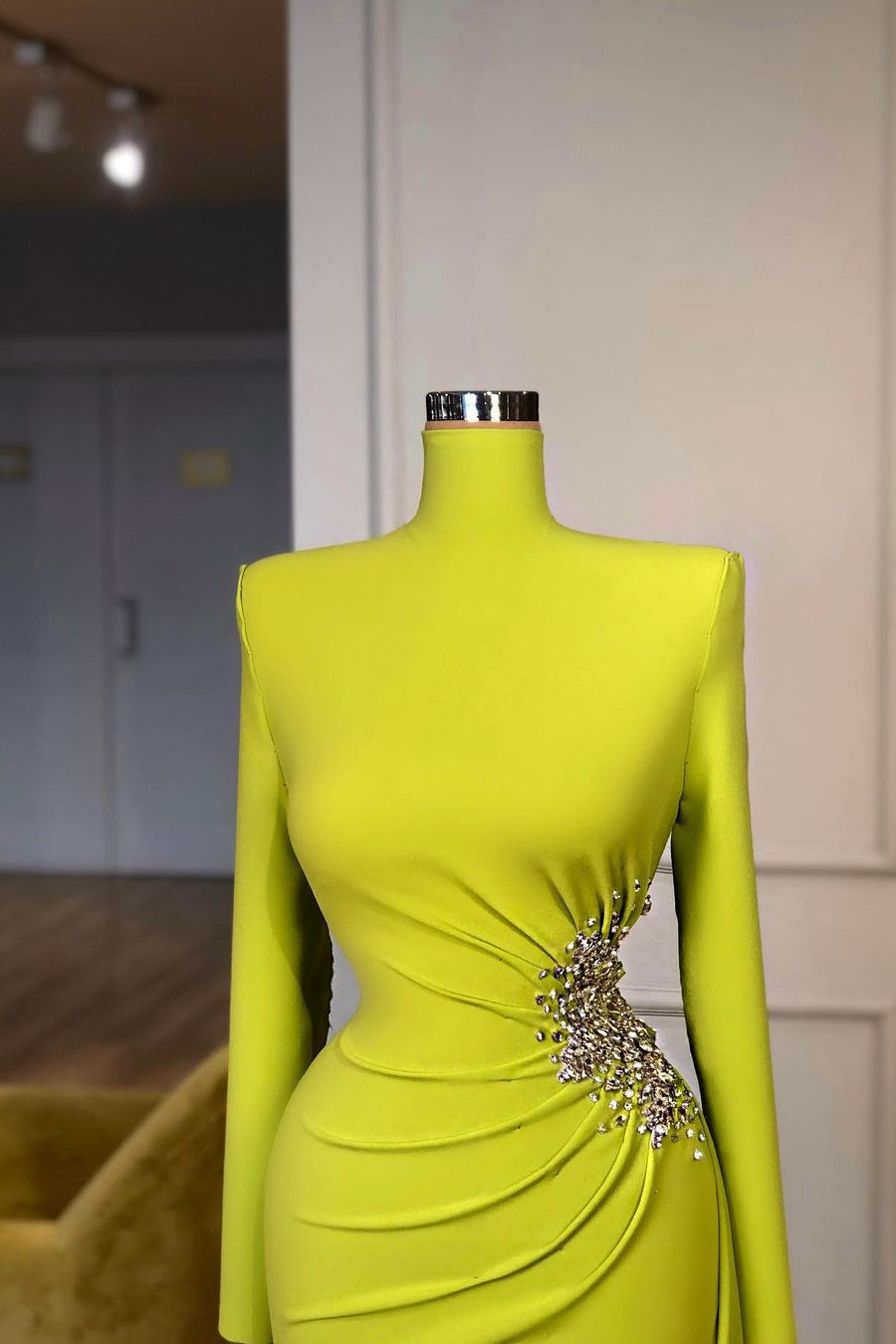 Bridesmaid Dress Gold, Ginger yellow High-neck Long-sleeves Metallic Beaded Mermaid Prom Dress