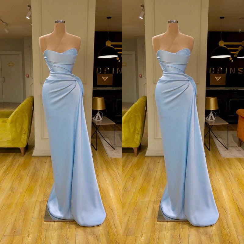 Bridesmaid Dress On Sale, Unique Cross Sweetheart Light Blue Soft-pleated Long Prom Dress