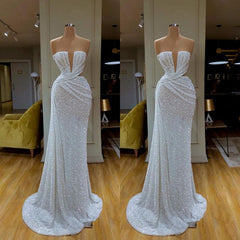 Bridesmaids Dresses Long, Plunging V-neck Sparkle White Sequined Strapless Prom Dress