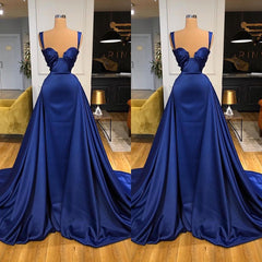 Bridesmaid Dress Fall Colors, Chic Royal Blue Straps Sweetheart Prom Dress Overskirt With Detachable Train
