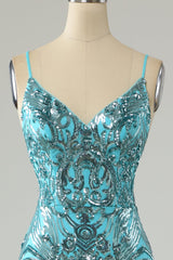 Lace Dress, Blue Mermaid Sequin Long Prom Dress