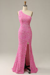 Spring Wedding Color, Fuchsia Sequined One Shoulder Mermaid Prom Dress With Slit