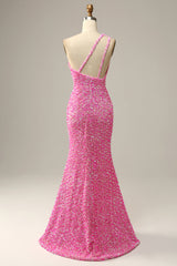 Mismatched Bridesmaid Dress, Fuchsia Sequined One Shoulder Mermaid Prom Dress With Slit