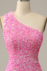 Simple Prom Dress, Fuchsia Sequined One Shoulder Mermaid Prom Dress With Slit