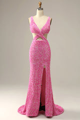 Prom Dress Long, Fuchsia Sequined V-Neck Cut Out Prom Dress