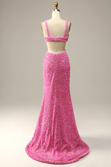 Wedding Shoes Bride, Fuchsia Sequined V-Neck Cut Out Prom Dress